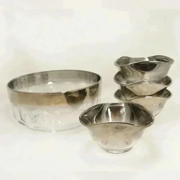 Vintage  Mid Century Modern MCM Metallic Silver Ombre Fade 5 Pc Glass Bowl Set - Picture 1 of 11